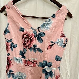 Sucrefas Rose Pink Floral Fit Flare Dress Cotton Pockets Resort Garden Party M